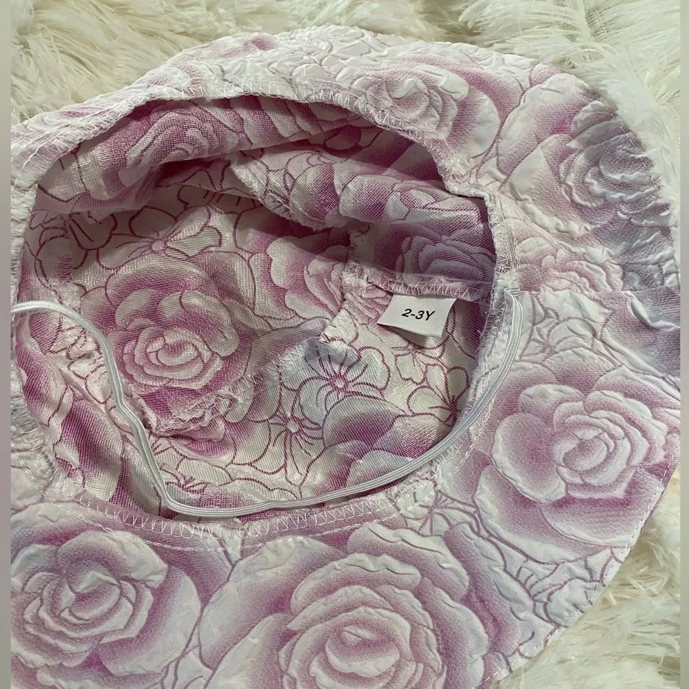 Toddler pink and white flower print dress with matching hat NWOT
